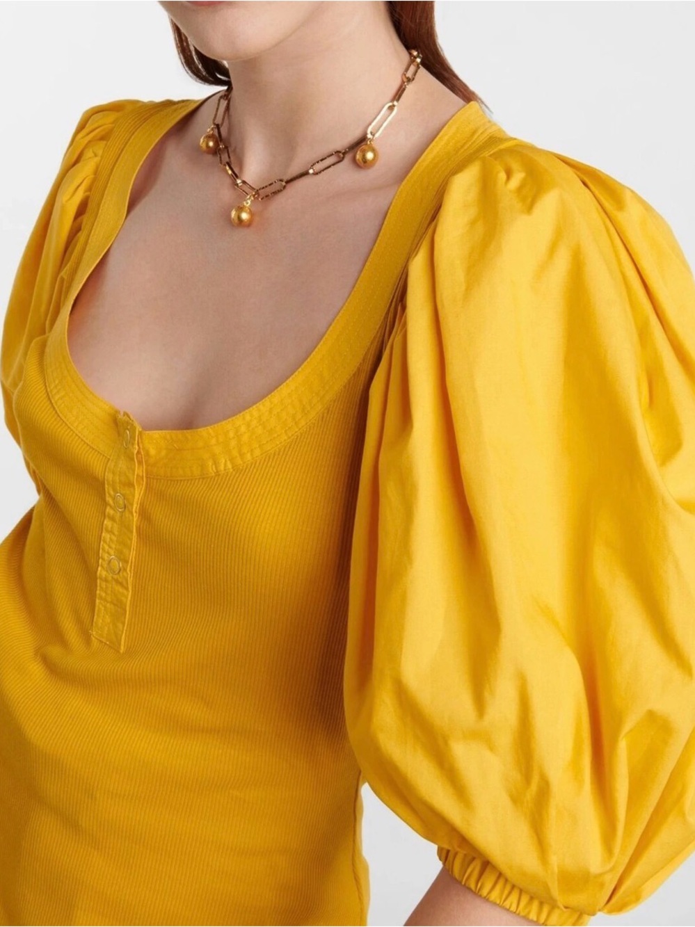 ULLA JOHNSON Janette Yellow Poplin Puff Sleeve Ribbed Top Blouse Large Designer